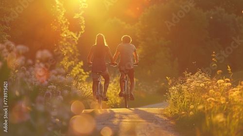 A couple cycling along a quaint country road, lined with wildflowers and bathed in the soft light of the golden hour.