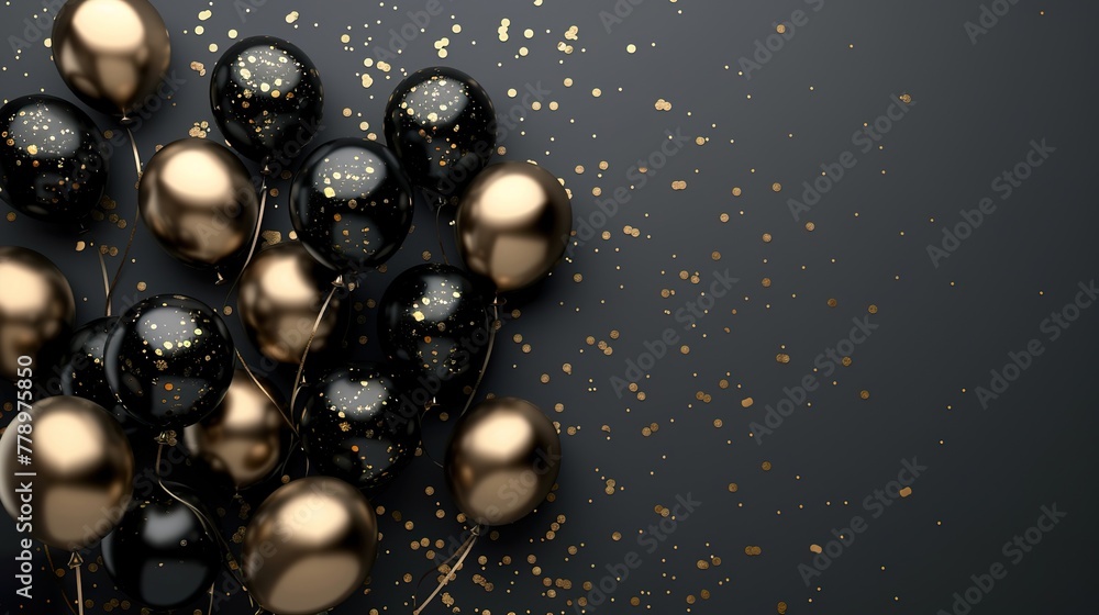 Black and black foil gold balloons with confetti on dark background Black and black foil gold balloons with confetti on dark background