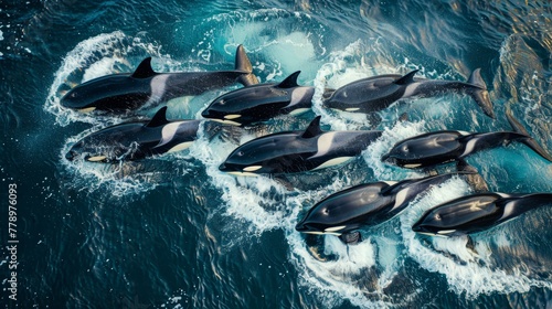 Arctic orca pod black and white against blue waters, detailed skin texture, aerial view