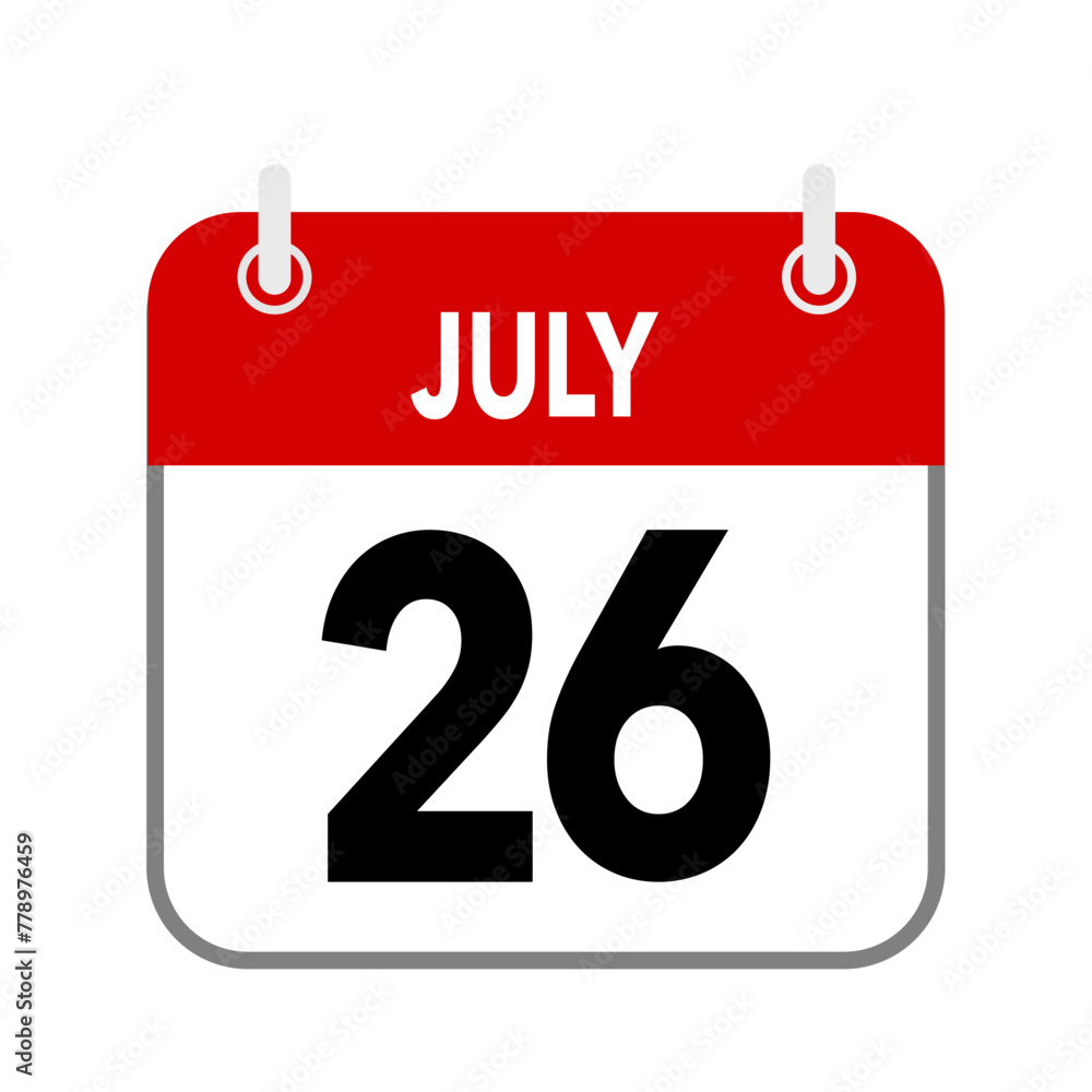 26 July, calendar date icon on white background. 26 July, calendar date icon on white background.