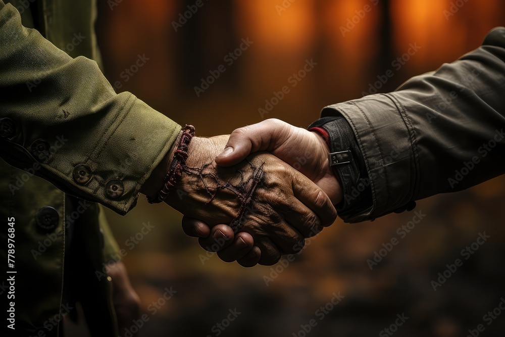 Two individuals standing united in front of a raging forest fire, symbolizing solidarity in crisis Two individuals standing united in front of a raging forest fire, symbolizing solidarity in crisis