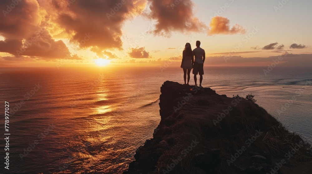A couple standing hand in hand on a cliff, overlooking the vast ocean, soaking in the majestic sunset.