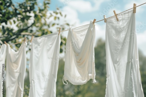White clothes hanging on laundry line outdoors 