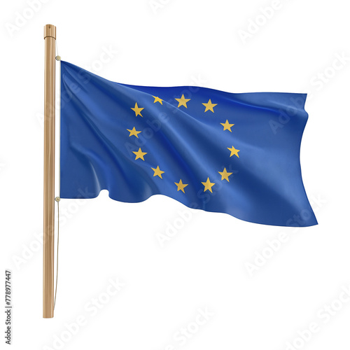 A European Union flag waving on a flagpole. Transparent background