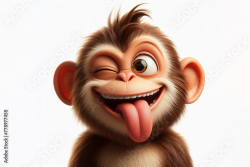 Funny monkey winking and sticking out tongue with copy space for text on white background