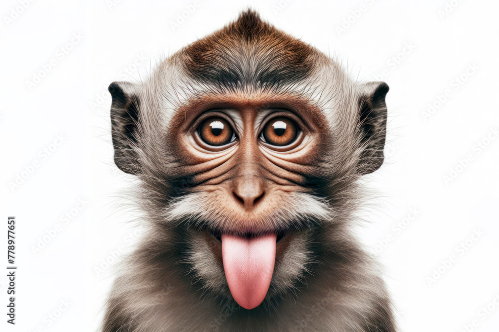 monkey winking and sticking out tongue on white background - obrazy, fototapety, plakaty 