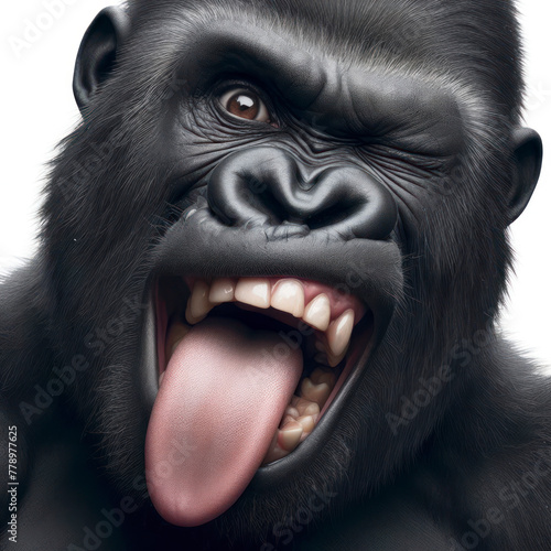 gorilla winking and sticking out tongue on white background