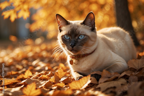 Siamesische Katze im Herbstlaub: Eleganz und Anmut im goldenen Herbstlicht