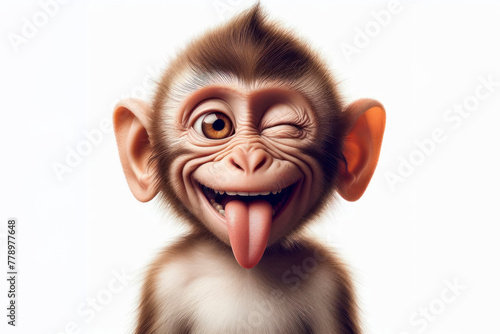 monkey winking and sticking out tongue on white background photo