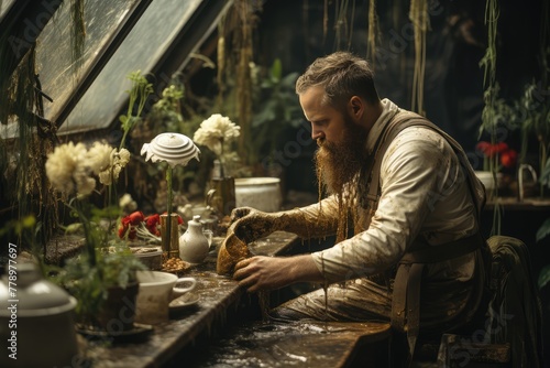 Bearded man creating pottery surrounded by nature in a peaceful studio setting