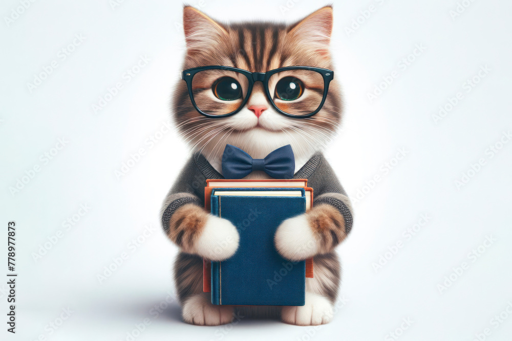 smiling cat school with glasses hold books on white background smiling cat school with glasses hold books on white background
