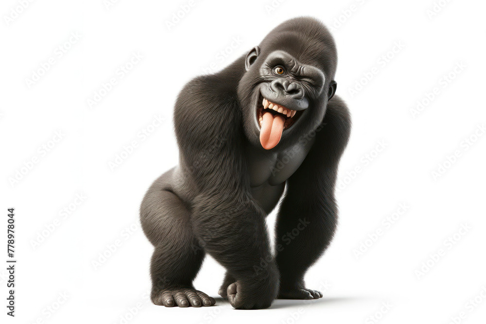 gorilla winking and sticking out tongue on white background - obrazy, fototapety, plakaty 