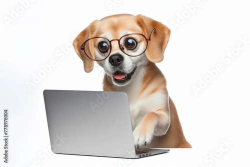 dog with glasses and a surprised look on her face is looking at a laptop on white background