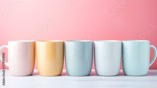 Six colorful mugs on pink background, table, isolated, no people