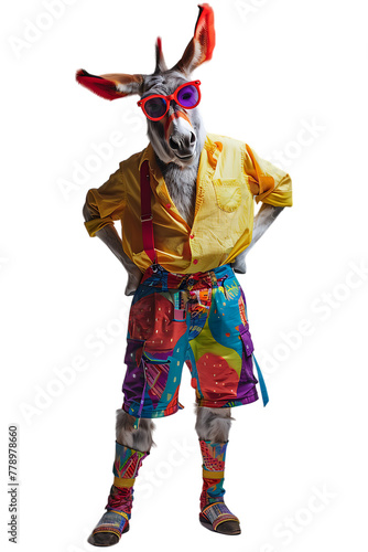 A full body studio portrait of an anthropomorphic donkey dressed in colorful fashion