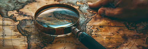 Detailed Examination: Magnifying Glass Amplifying a Specific Spot on a Detailed Map photo
