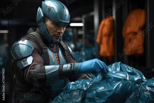 Futuristic soldier in advanced protective gear examining a body bag in a high-tech military setting