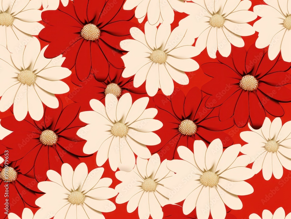 Red and white daisy pattern, hand draw, simple line, flower floral spring summer background design with copy space for text or photo backdrop 