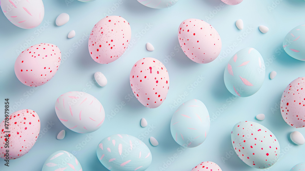 A creative Easter pattern of colorful eggs painted in pastel colors. He was lying flat. Easter concept