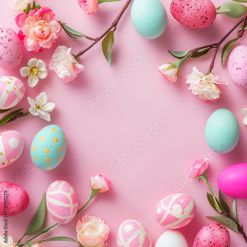 Easter background with eggs and spring branches in the form of a wreath on a pink background. A place to copy. Flat layout  top view.