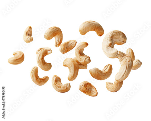 Falling roasted cashew nuts isolated on transparent background