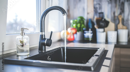 Kitchen faucet with running water in modern kitchen interior.