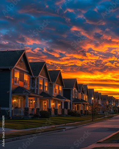 Foreclosed homes row, sunset lighting, front view, 