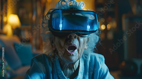 Elderly woman wearing electric blue VR helmet for fun entertainment
