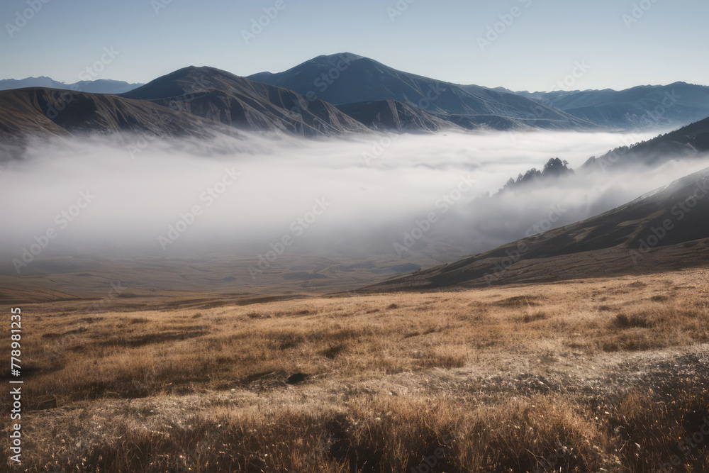 Breathtaking mountain landscape with fog clinging to the peaks, reflecting in the still lake below