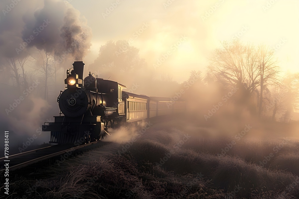 Fototapeta premium an old-fashioned steam train chugs through a mist-enshrouded landscape
