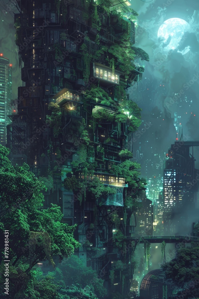 Detailed, atmospheric image of a vertical forest building in a solarpunk city, with hanging gardens under moonlight