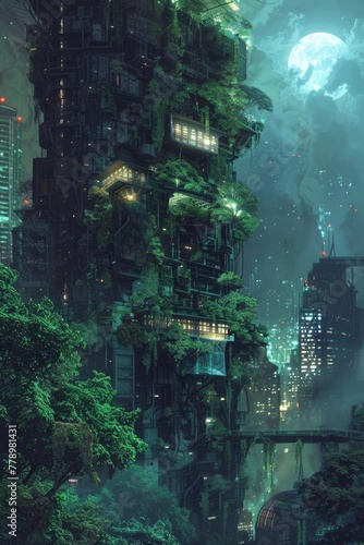 Detailed  atmospheric image of a vertical forest building in a solarpunk city  with hanging gardens under moonlight