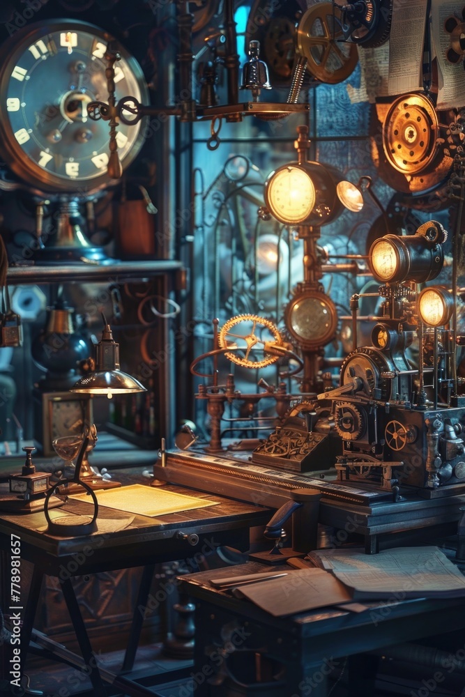 Detailed view of a steampunk inventor's workshop, with gadgets and gears glowing in dim, atmospheric lighting