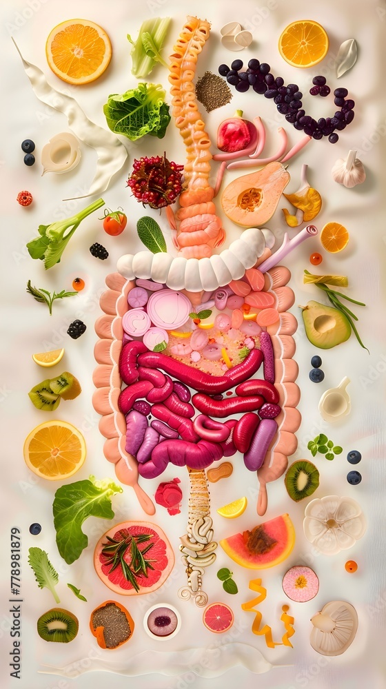 a whimsical journey through the gut, depicted as a vibrant garden where fruits, vegetables, and playful flora flourish