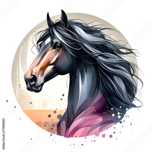 Horse. Horse's head. Black horse. Portrait. Watercolor. Isolated illustration on a white background. Banner. Close-up