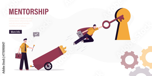 Mentor firing from cannon and businessman like hero flying in sky with key to keyhole. Overcoming obstacles, improvement skills, boost business. Mentorship, business support.