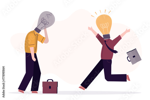 Unhappy businessman with extinguished light bulb instead of head, lack of ideas. Creative confident employee with glowing idea bulb, problem with imagination and creativity.