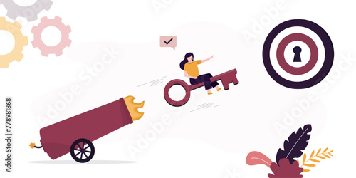 Businesswoman shoots from cannon  female character sitting and flying on key at target. Ambition to achieve new goals  unlock new skills. Self-confidence  looking opportunities 