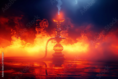 modern smoky hookah with shisha smoke with neon red light close up
