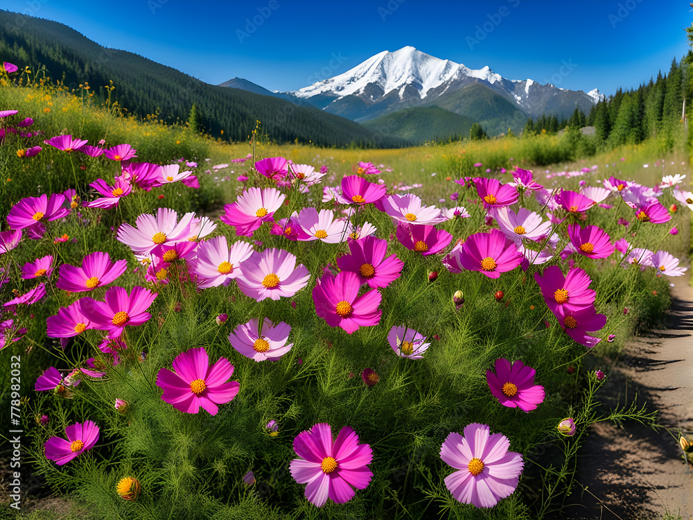 Fototapeta premium Beautiful pink blooming cosmos flower and nature scene with mountain background