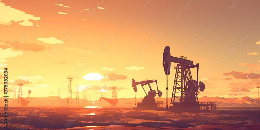 oil pump jack in the sun set background yellowish light watercolor paint illustrations 