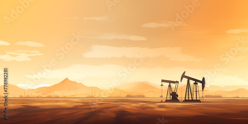The oil pump industrial equipment background illustrations with mountains in the back
