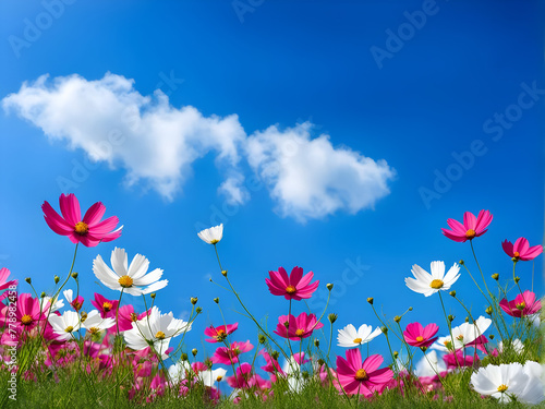 Beautiful pink and white blooming cosmos flower with blue sky background
