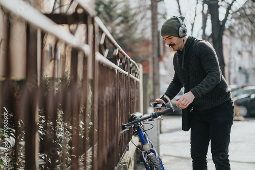 A cheerful man in casual attire is holding onto his bicycle, listening to music, and using his smart phone on a city street.