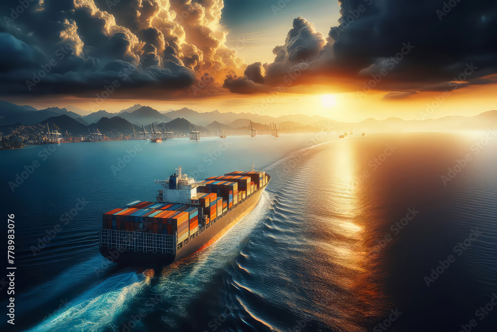 Sea dry cargo vessel on the high seas and oceans for transporting goods in containers and heavy-duty reusable boxes. A ship for transporting bulk cargo. Sea dry cargo vessel on the high seas and oceans for transporting goods in containers and heavy-duty reusable boxes. A ship for transporting bulk cargo.
