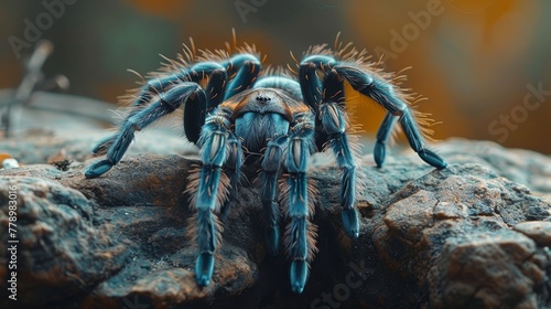 Macro shot of tarantula velvety body, intricate hairs, textured legs, shallow depth of field