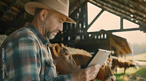 senior farmer holding tablet in cow pen photo