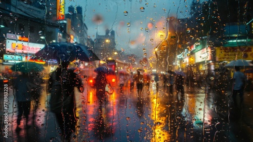 A rainy city street with people walking and holding umbrellas. The rain is heavy and the street is wet