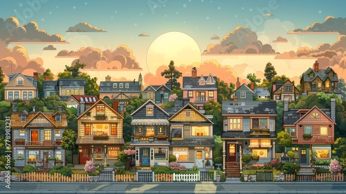 A row of houses with a large moon in the sky. The houses are all different sizes and styles, and the street is lined with trees