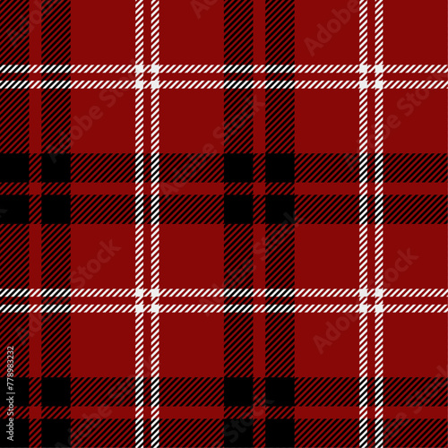 Red, black and white color striped lines tartan check seamless plaid pattern background for textile design, napkin, handkerchief, blanket, cover, tablecloth. Vector illustration.